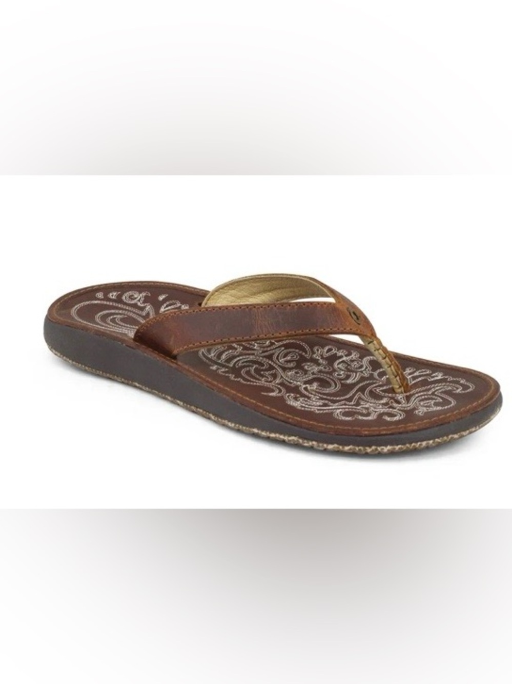 OluKai Womans SZ 8 Brown Leather Thong Sandals with Embroidered Footbed - Picture 2 of 11